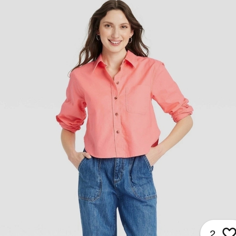 Universal Thread Coral Pink Cropped Fit Button Down Shirt Cotton Linen